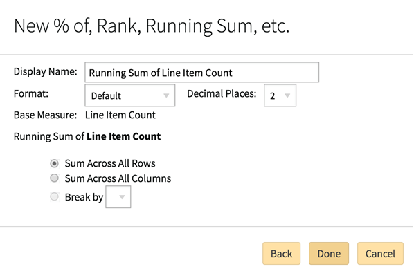 New % modal showing options for running sum of line item count